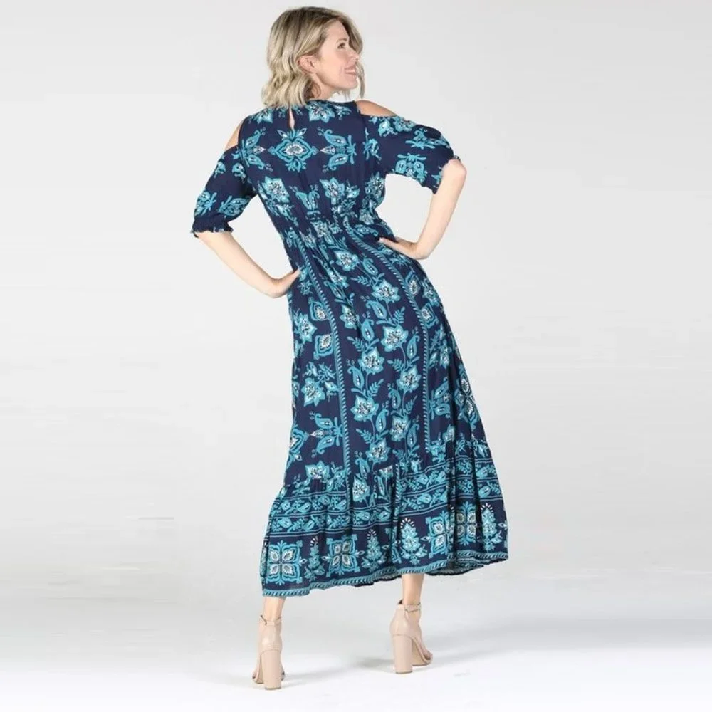 Nostalgia Cold Shoulder Floral Print Maxi Dress NWT • Navy • Scoop V-Neck • Boho - Picture 3 of 3